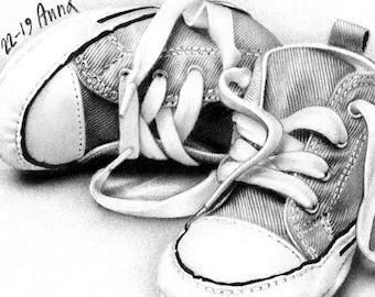 Pencil drawing Portrait Baby shoes Newborn shoes Black and white drawing from photo Still life Personalized drawing Birth gift Baby