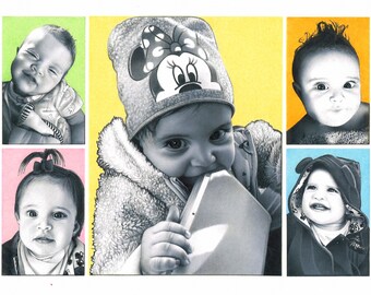 Collage Portrait commandé Dessin au crayon personnalisé Portrait à partir d’une photo Dessin de bébé Fille Portrait couleur Premier cadeau d’anniversaire