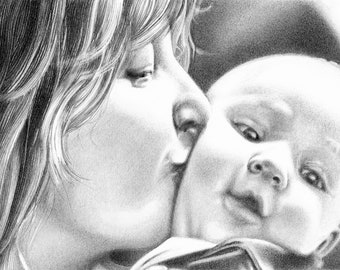 Personalized portrait Pencil drawing Mum Child Black and white illustration Gift Idea Mother's Day Baptism Birth Birthday