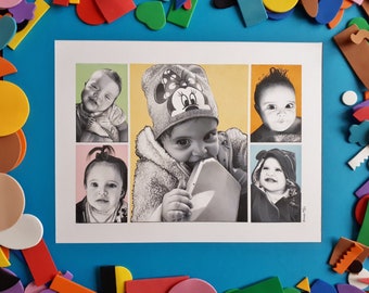 Collage Commissioned portrait Custom pencil drawing Portrait from photo Baby girl's drawing Color portrait First birthday gift