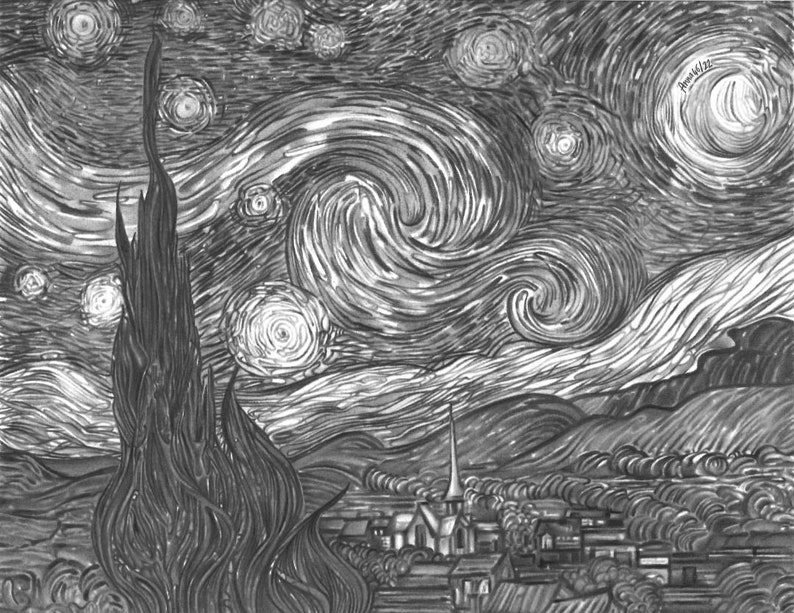 Starry Night Vincent van Gogh Landscape in pencil Pencil drawing Drawing from photo Black and white drawing Painting Moon Stars Cypress image 1