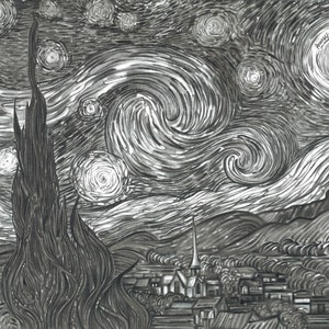 Starry Night Vincent van Gogh Landscape in pencil Pencil drawing Drawing from photo Black and white drawing Painting Moon Stars Cypress image 8