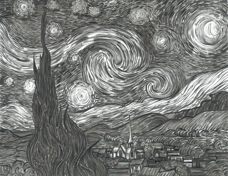 Starry Night Vincent van Gogh Landscape in pencil Pencil drawing Drawing from photo Black and white drawing Painting Moon Stars Cypress image 8