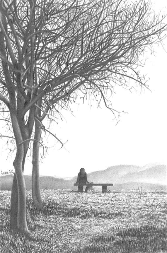 モノクロ鉛筆画 自然の風景 木製フレーム付き