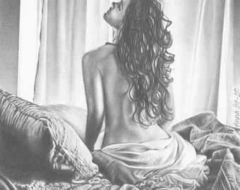 Pencil Drawing Femininity Artistic Nude Woman Portrait Custom Portrait from Photo Black and White Illustration Wedding Gift