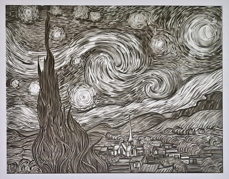 Starry Night Vincent van Gogh Landscape in pencil Pencil drawing Drawing from photo Black and white drawing Painting Moon Stars Cypress image 9