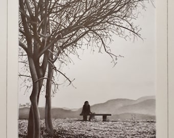 モノクロ鉛筆画 自然の風景 木製フレーム付き