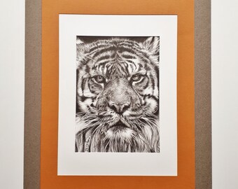 トラの肖像画 動物 写真から描画 リアルな鉛筆画 イラスト 白黒