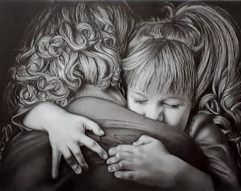 Portrait from photo Custom pencil drawing on commission Gift for all occasions PostCard Hug Black and white illustration