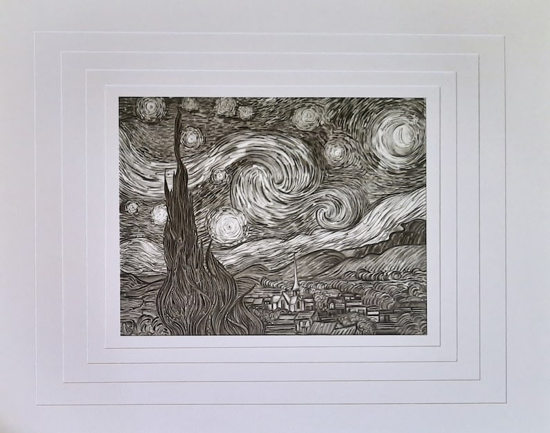 Starry Night Vincent van Gogh Landscape in pencil Pencil drawing Drawing from photo Black and white drawing Painting Moon Stars Cypress image 2
