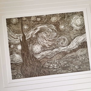 Starry Night Vincent van Gogh Landscape in pencil Pencil drawing Drawing from photo Black and white drawing Painting Moon Stars Cypress image 3