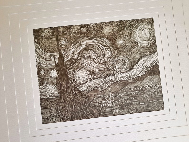 Starry Night Vincent van Gogh Landscape in pencil Pencil drawing Drawing from photo Black and white drawing Painting Moon Stars Cypress image 3