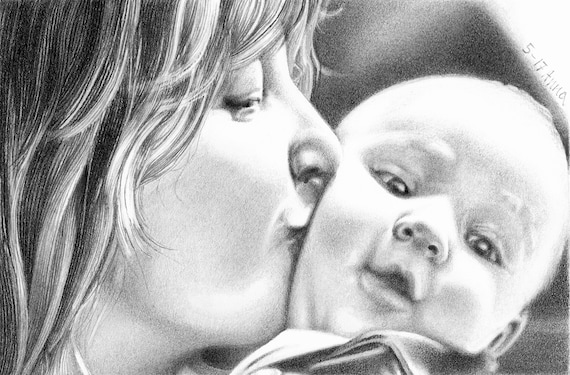 Ritratto Personalizzato Disegno A Matita Mamma Bimbo Illustrazione Bianco E Nero Idea Regalo Festa Della Mamma Battesimo Nascita Compleanno