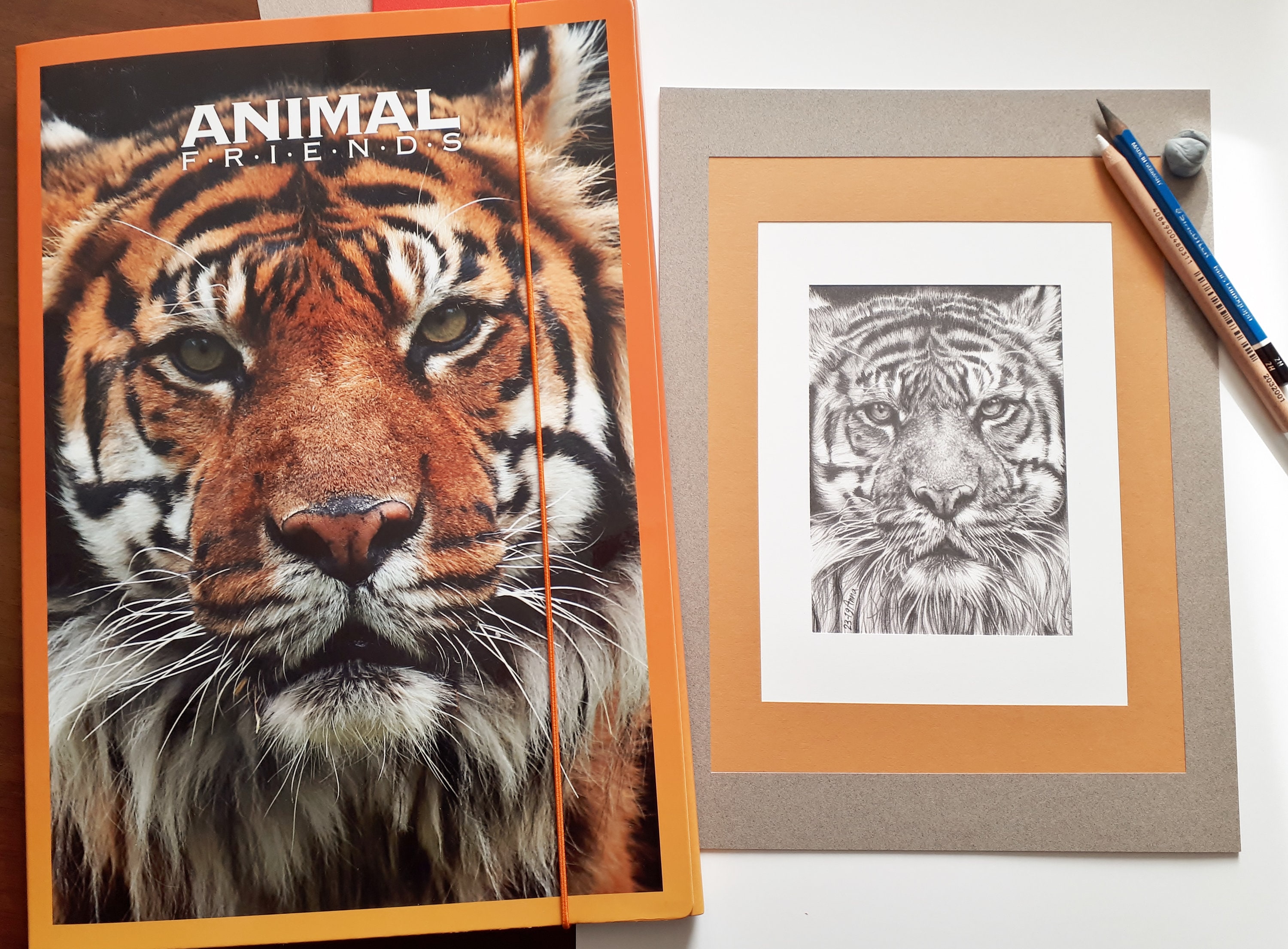 虎のリアルな鉛筆画フレーム付き トラの肖像画 動物 写真から描画 リアルな鉛筆画 イラスト 白黒