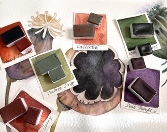 Handcrafted watercolor paint set of 6 paints Enchanted Plants I