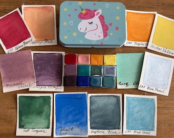 Handmade Watercolor palette of 12 half pans BLUE UNICORN