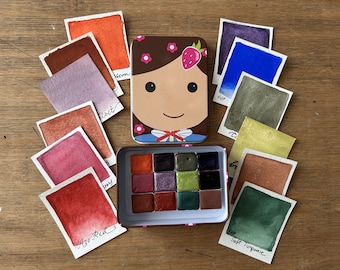 Watercolour paint set handmade 12 half pan colors FUN PALETTE IX