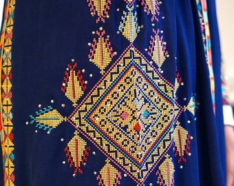 Royal Blue and Gold Traditional With A Touch of Modern Fit & Flare Palestinian Tatreez/Embroidery Long Sleeve Thobe/Dress