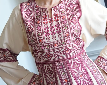 Palestinian Beige & Burgundy Traditional Fit and Flare Tatreez/Embroidery Long Sleeve Thobe/Dress