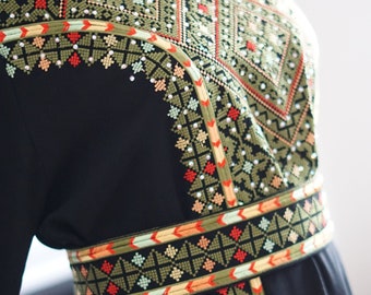 Black With Olive Traditional With A Touch of Modern Fit & Flare Palestinian Tatreez/Embroidery Long Sleeve Thobe/Dress