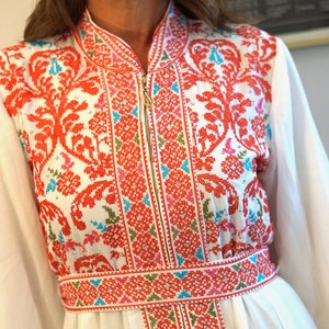 Palestinian 3PCS Long Sleeves White with Red & Blue Machine Embroidered Ethnic Thobe Dress