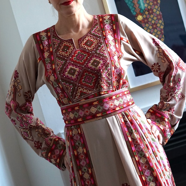 Beige & Burgundy Traditional With A Touch of Modern Colorful Palestinian Diamond Tatreez/Embroidery Long Sleeve Thobe/Dress