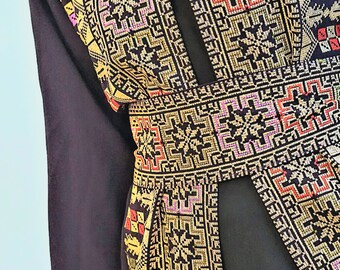 Palestinian Machine Embroidered Deep Purple/Aubergine Long Sleeves Maxi Bisht/Kimono Thobe (Open Jacket + Belt **WITHOUT UNDERLAYER**)