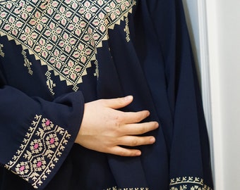 Palestinian Machine Embroidered Ethnic Long Sleeves Blouse/Tunic Shirts (Dark NAVY with various embroidery stitch detail color)