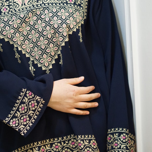 Palestinian Machine Embroidered Ethnic Long Sleeves Blouse/Tunic Shirts (Dark NAVY with various embroidery stitch detail color)