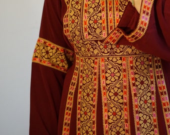 Palestinian Traditional Fit & Flare Tatreez/Embroidery Long Sleeve Thobe/Dress