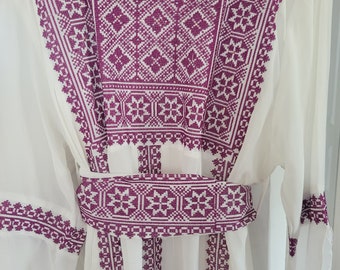 Palestinian 3PCS Wide Long Sleeves with Slits Machine-Embroidered Ethnic Thobe Dress