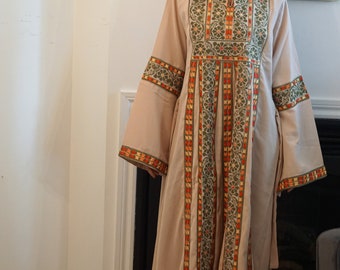 Palestinian Tatreez Machine Embroidered Long Sleeves Thobe Dress with Adjustable Integrated Belt