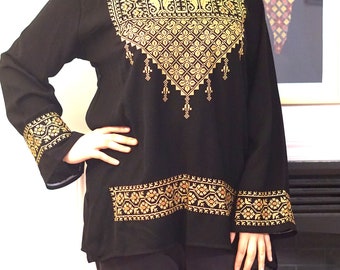 Palestinian Machine Embroidered Ethnic Long Sleeves Blouse/Tunic Shirts (Black with various embroidery stitch detail color)