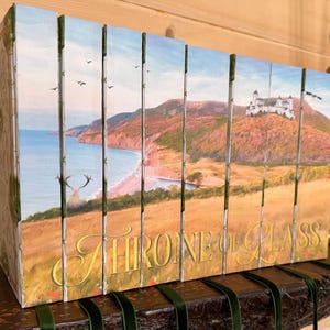 Pode incluir: Um conjunto de livros com uma pintura de paisagem nas lombadas e capas. A obra de arte retrata uma cena costeira com uma praia, montanhas e um castelo. O título "THRONE OF GLASS" é visível em letras douradas.