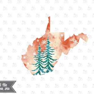 West Virginia State - Winter Aquarell rustikale Design - Sonnenuntergang Weihnachtsbaum Kunst - Jpeg PNG Planer Aufkleber Grafik - Sublimation Download