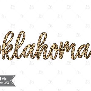May include: A digital graphic design featuring the word "oklahoma" in a leopard print font with a small red heart to the right.