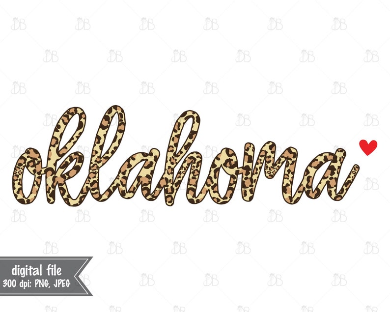 May include: A digital graphic design featuring the word "oklahoma" in a leopard print font with a small red heart to the right.