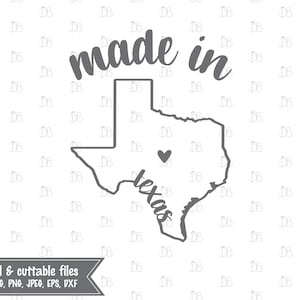 May include: A black and white outline of the state of Texas with the text "made in" above it and "texas" written inside the state outline. A small heart is in the center of the state.