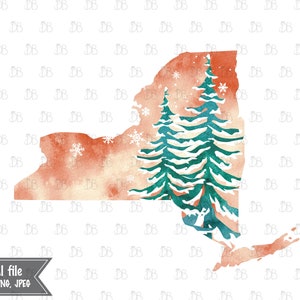 New York State - Winter Aquarell rustikale Design - Sonnenuntergang Weihnachtsbaum Dekor - Jpeg PNG Planer Aufkleber Grafik - Sublimation Download
