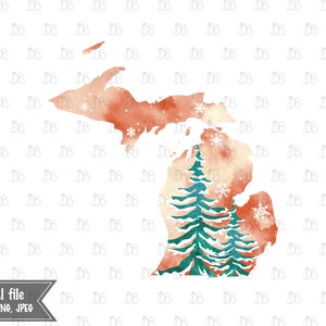 Michigan Zustand - Winter Aquarell rustikale Design - Sonnenuntergang Weihnachtsbaum Dekor - Jpeg PNG Planer Aufkleber Grafik - Sublimation Download