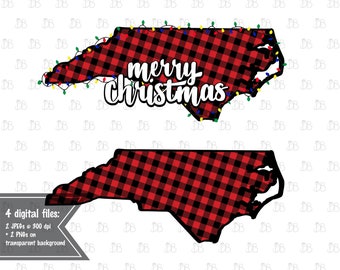 North Carolina Buffalo Plaid Merry Christmas - Red Black - Christmas Twinkle Light - Jpg PNG Design- Sublimation Instant Download - NC State