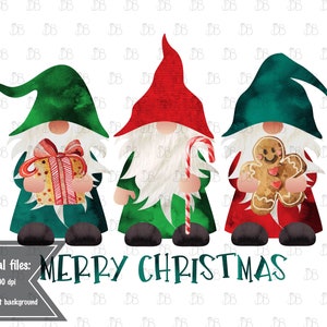 3 Christmas Gnomes - Jpeg PNG graphic - Sublimation Instant Download - watercolor rustic design - present candy cane gingerbread man