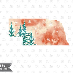 Nebraska Zustand - Winter Aquarell rustikale Design - Sonnenuntergang Weihnachtsbaum Dekor - Jpeg PNG Planer Aufkleber Grafik - Sublimation Download