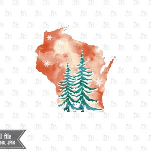 Wisconsin Zustand - Winter Aquarell rustikale Design - Sonnenuntergang Weihnachtsbaum Dekor - Jpeg PNG Planer Aufkleber Grafik - Sublimation Download
