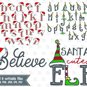 Könnte beinhalten: Ein digitaler Download eines Weihnachtsalphabets mit rot-weiß gestreiften Weihnachtsmannmützen und einer grünen Elfenmütze. Das Alphabet ist in schwarzer Umrandung. Das Bild enthält auch ein Design, das "Santa's Cutest Elf" mit einer grünen Elfenmütze und einem rot-weiß gestreiften Stiefel sagt.