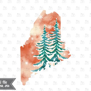 Maine Zustand - Winter Aquarell rustikale Design - Sonnenuntergang Weihnachtsbaum Dekor - Jpeg PNG Planer Aufkleber Grafik - Sublimation Download