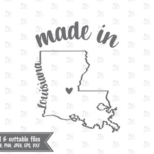 May include: A black and white outline of the state of Louisiana with the text "made in" above it and the word "Louisiana" written vertically along the left side of the state. A small heart is in the center of the state.