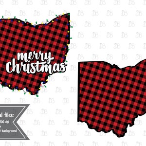 Può includere: Un design a quadri rossi e neri a forma dello stato dell'Ohio. Il design include una ghirlanda di luci natalizie e il testo "merry Christmas".