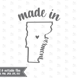 May include: A grey outline of the state of Vermont with the text "made in" above it and "vermont" written vertically inside the state outline. A small heart is in the top left corner of the state outline.