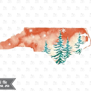 North Carolina Zustand - Winter Aquarell rustikale Design - Sonnenuntergang Weihnachtsbaum Kunst - Jpg PNG Planer Aufkleber Grafik - Sublimation Download